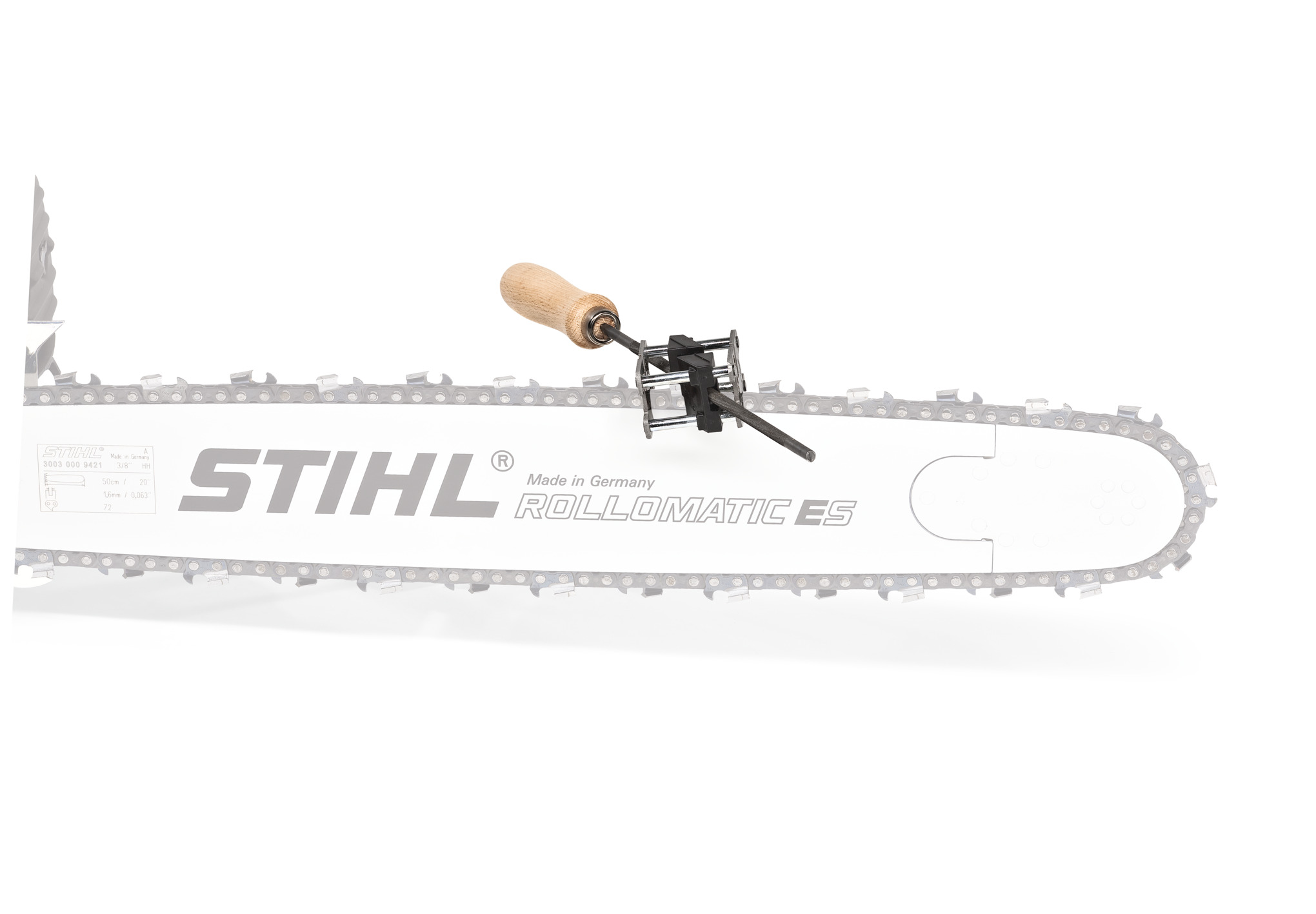 A simple filing guide that sharpens saw chains smoothly and checks depth gauges and aids in filing them.