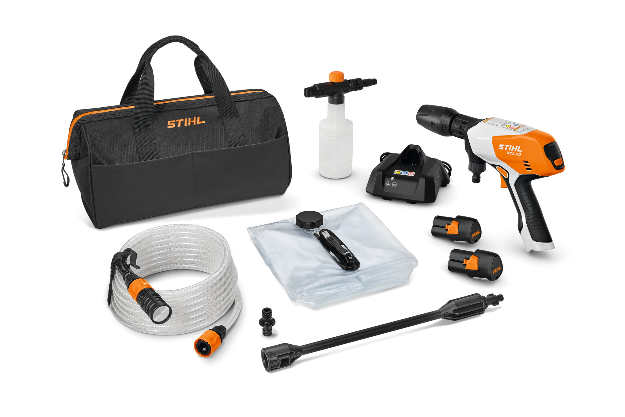 Portable, battery-powered cleaner ideal for light jobs from cleaning tires to watering plants.