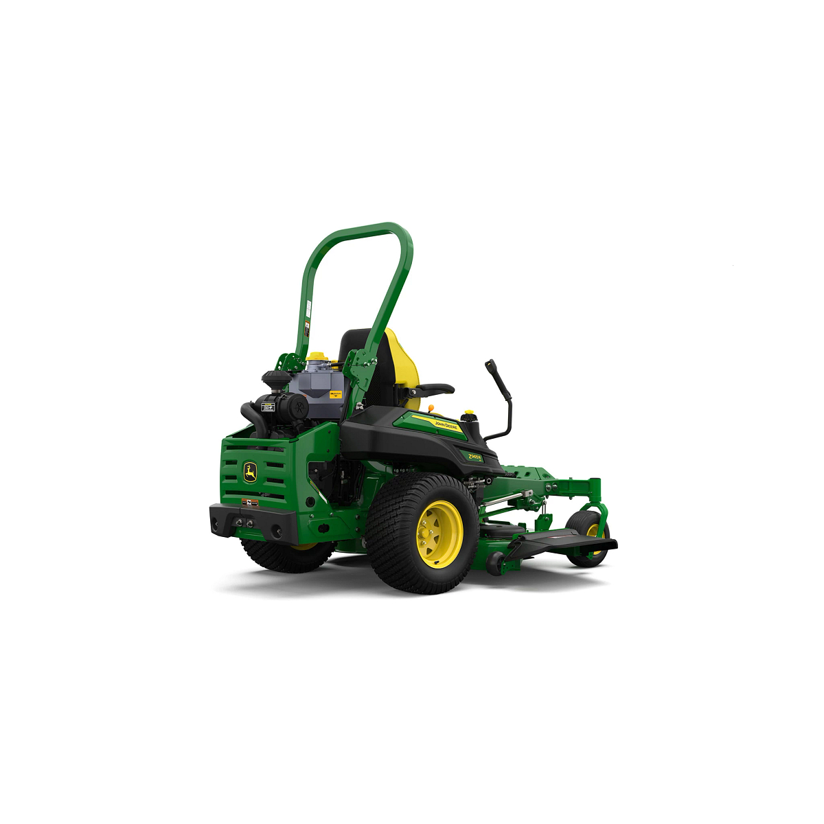 A rear-right-facing studio shot of a green zero-turn mower with a yellow seat on a white background.