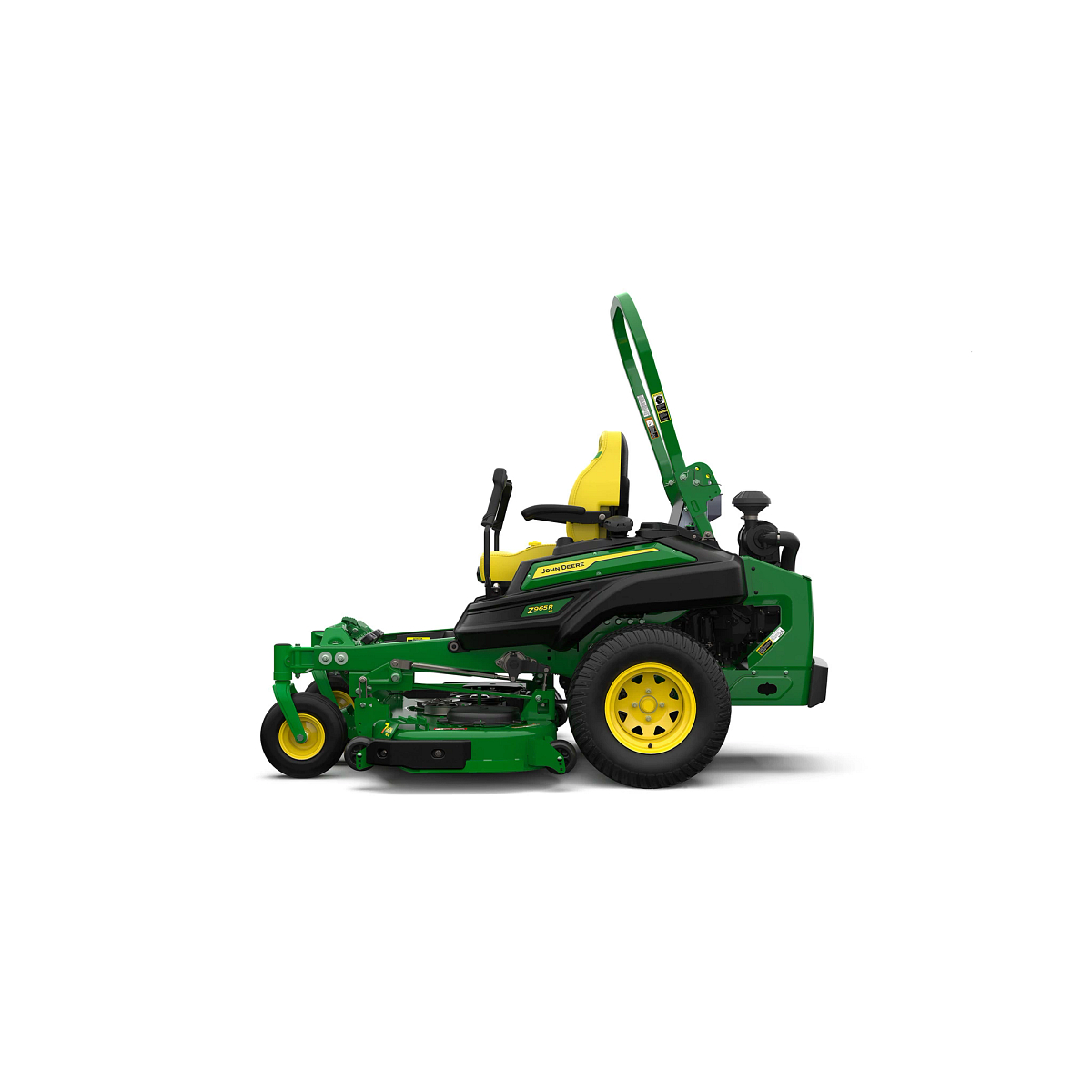 A left-facing studio shot of a green zero-turn mower with a yellow seat on a white background.