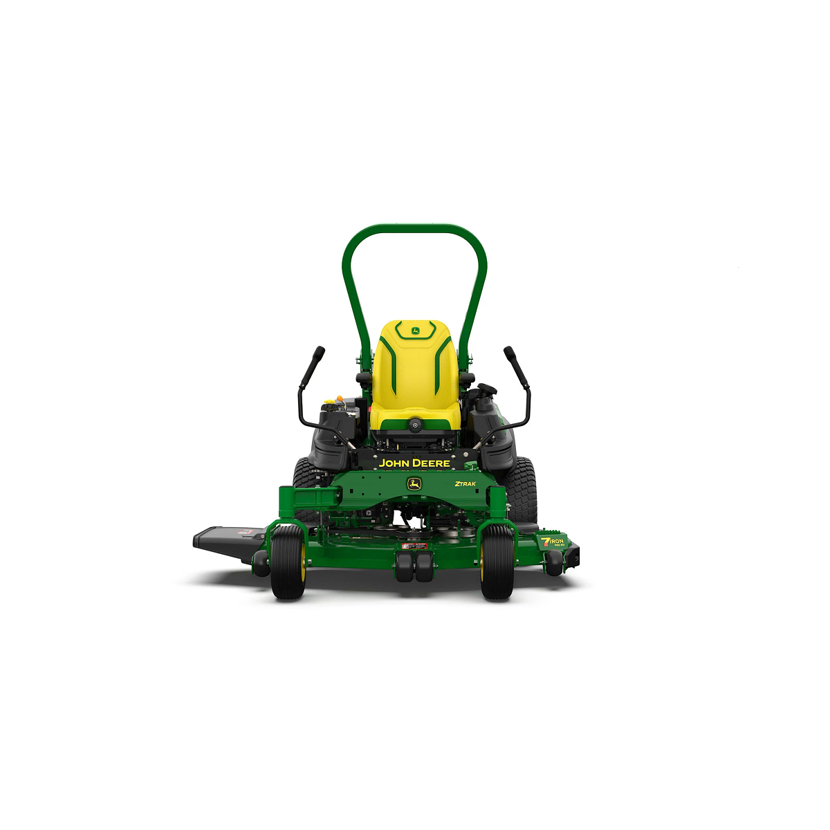 A front-facing studio shot of a green zero-turn mower with a yellow seat on a white background.