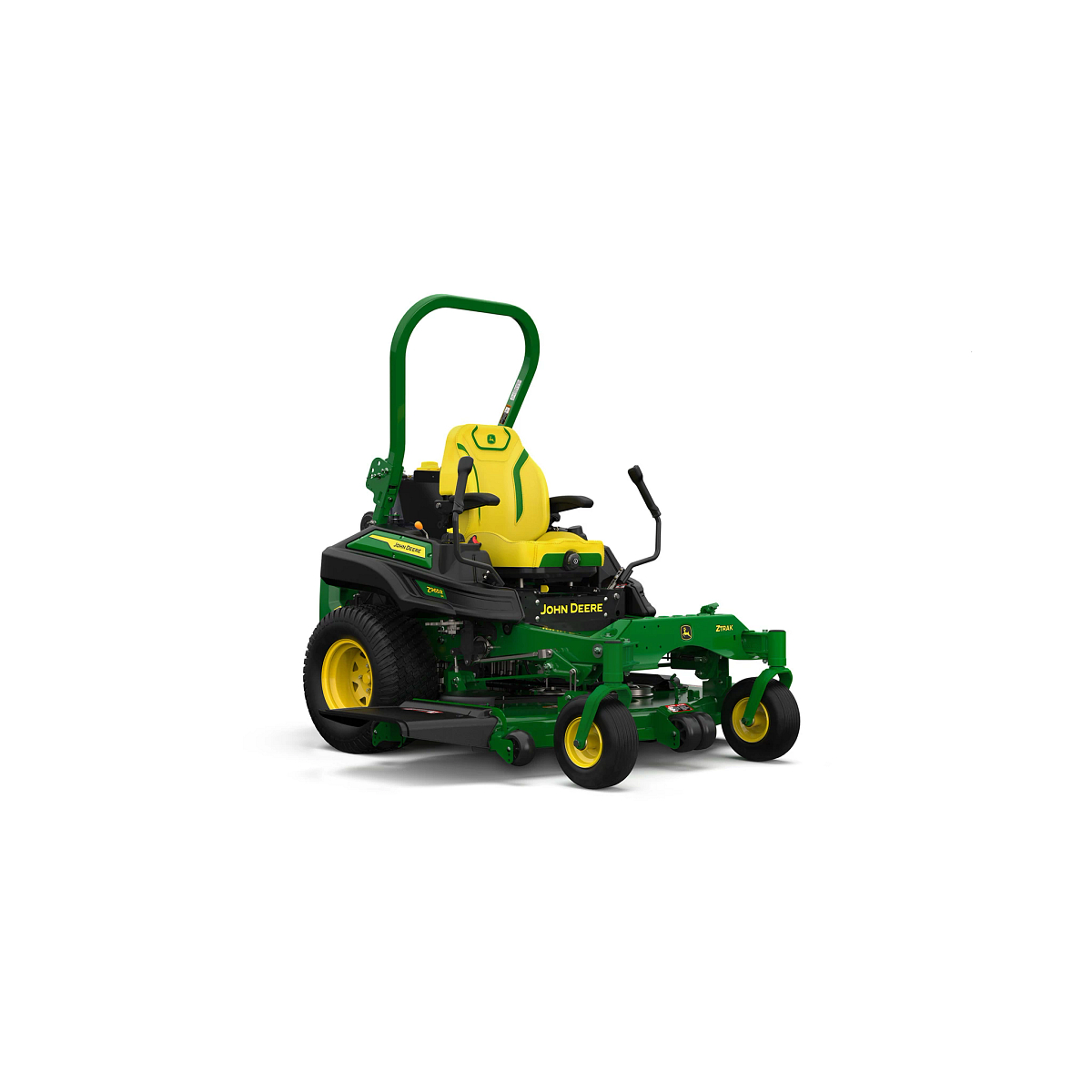A front-right-facing studio shot of a green zero-turn mower with a yellow seat on a white background.