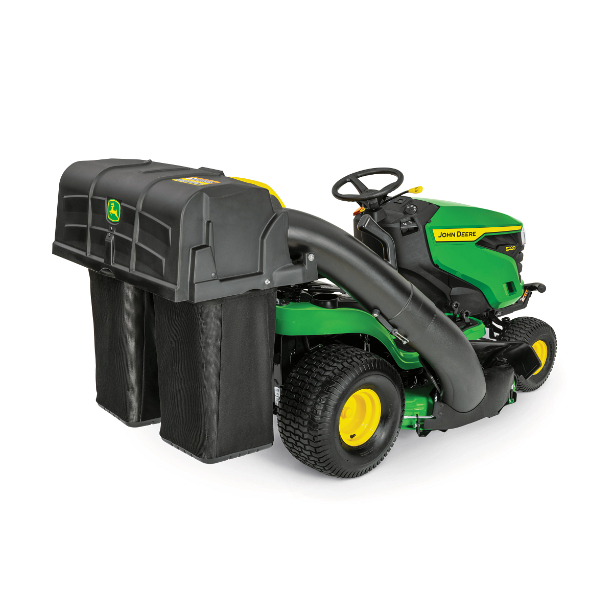 Rear right view of an S220 Lawn Tractor with attached material collection system