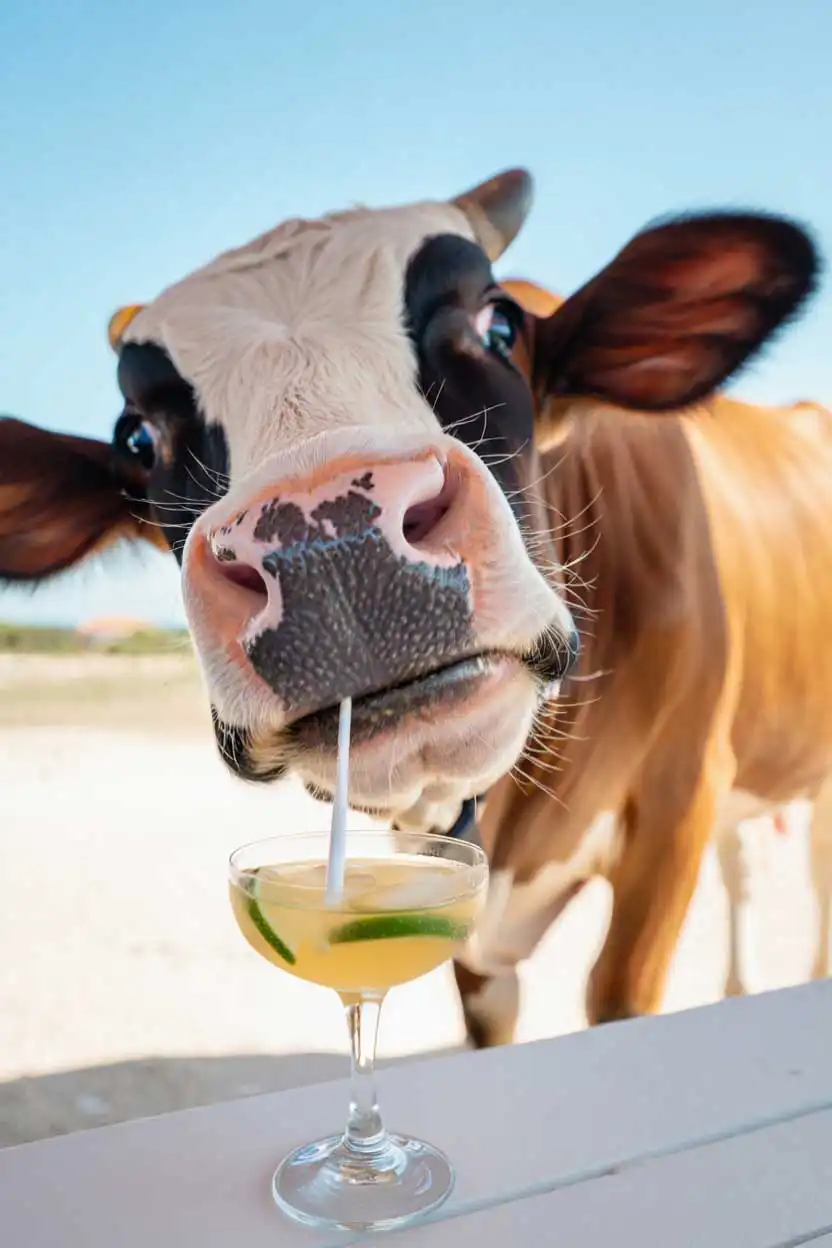 Illustration amusante d'une vache normande qui boit un cocktail à la paille sur un bar de La Cantine en Folie.