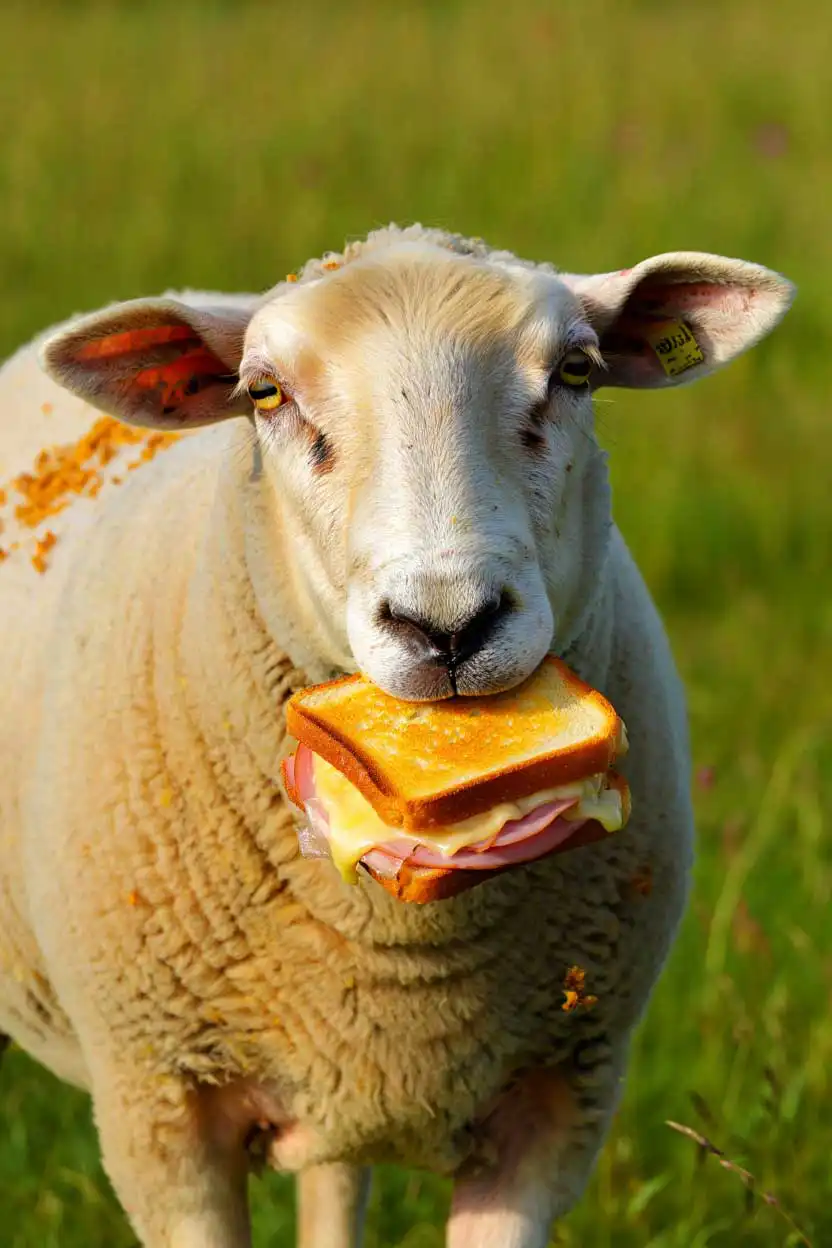 Illustration décalée d'un mouton dégustant un croque-monsieur gourmand pour La Cantine en Folie.