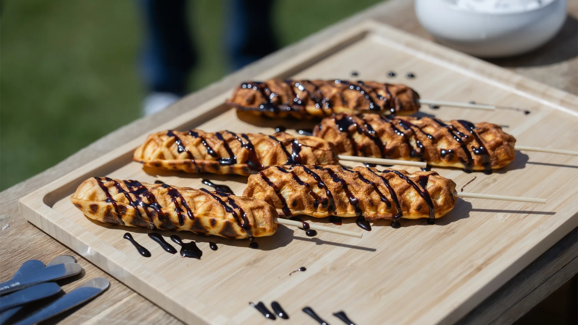 Une gaufre en brochette nappée de coulis chocolat pour le buffet sucré de La Cantine en Folie.