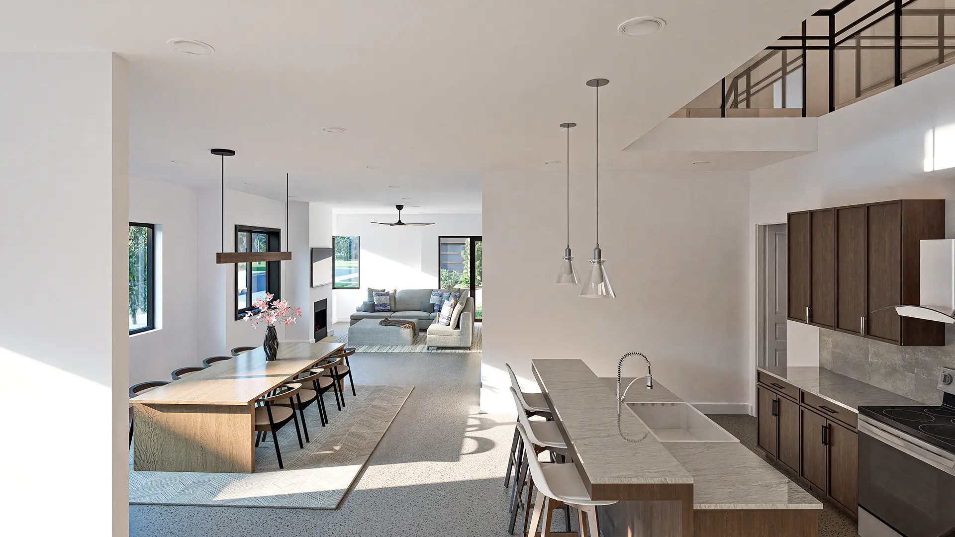 Open-concept kitchen, dining area, and great room in a modern Alcove townhome with natural light and sleek design finishes.