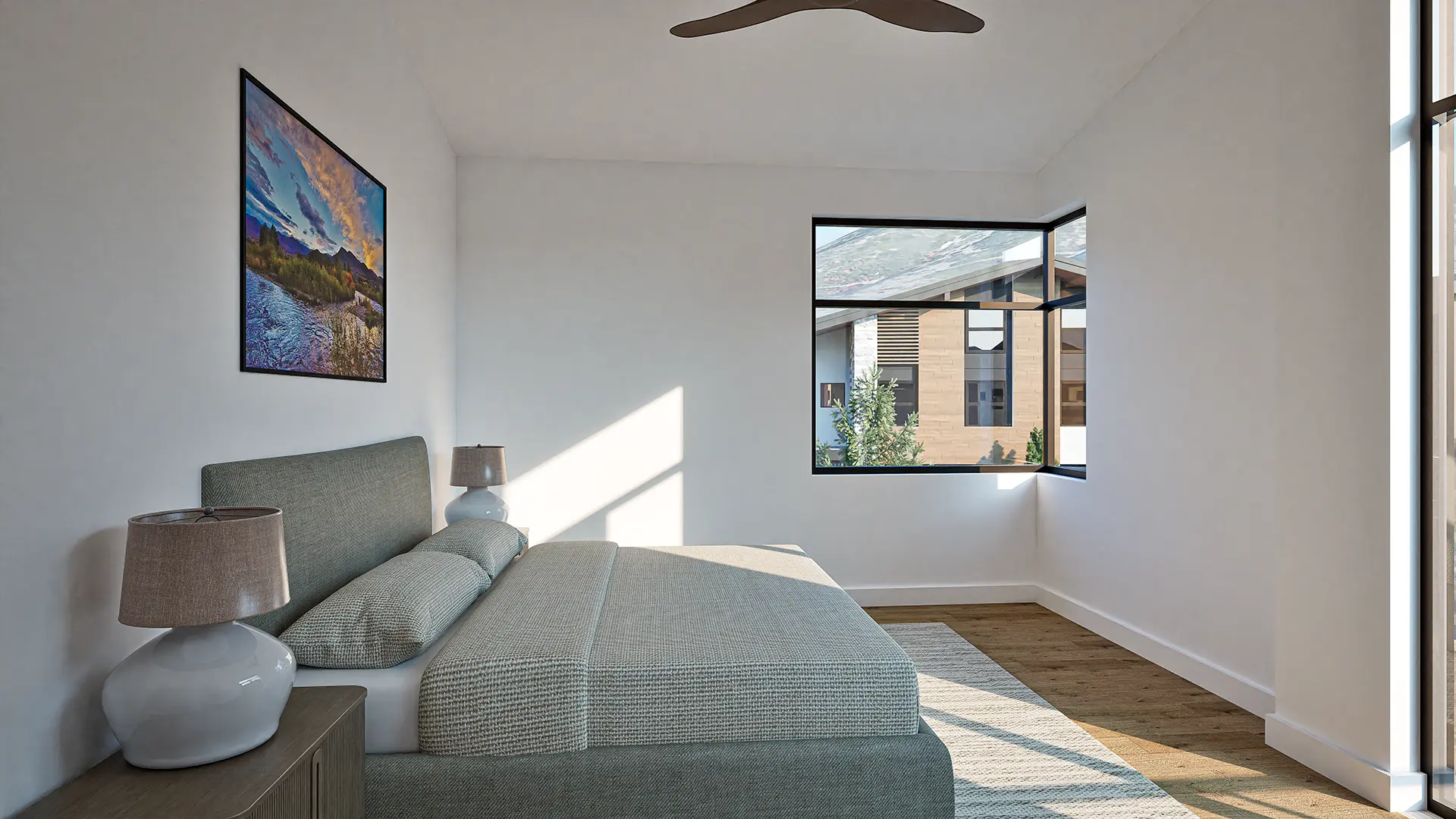 Bright and spacious master bedroom in an Alcove townhome in Midway, Utah, featuring large windows, mountain views, and minimalist modern design.