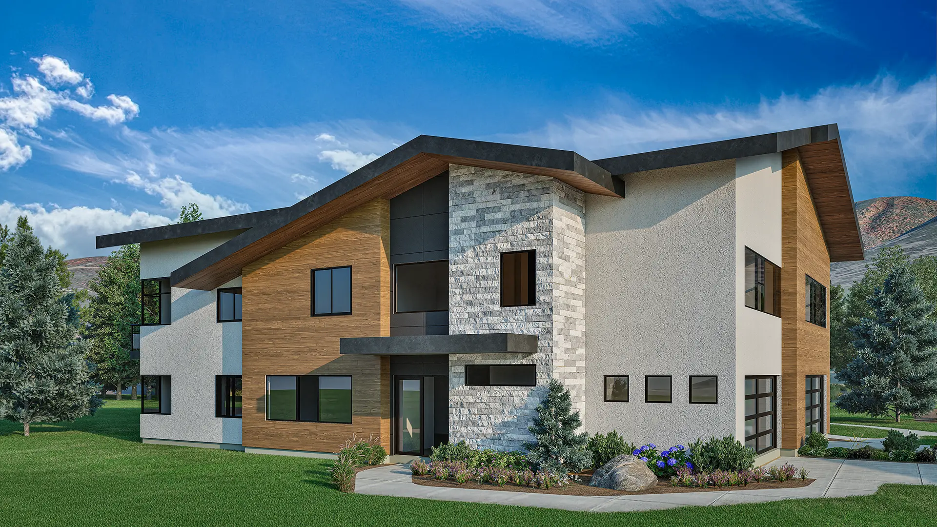 Luxury 2-plex townhome at Alcove in Midway, Utah, with a bold architectural design, angled roof, mixed exterior textures, and manicured landscaping.