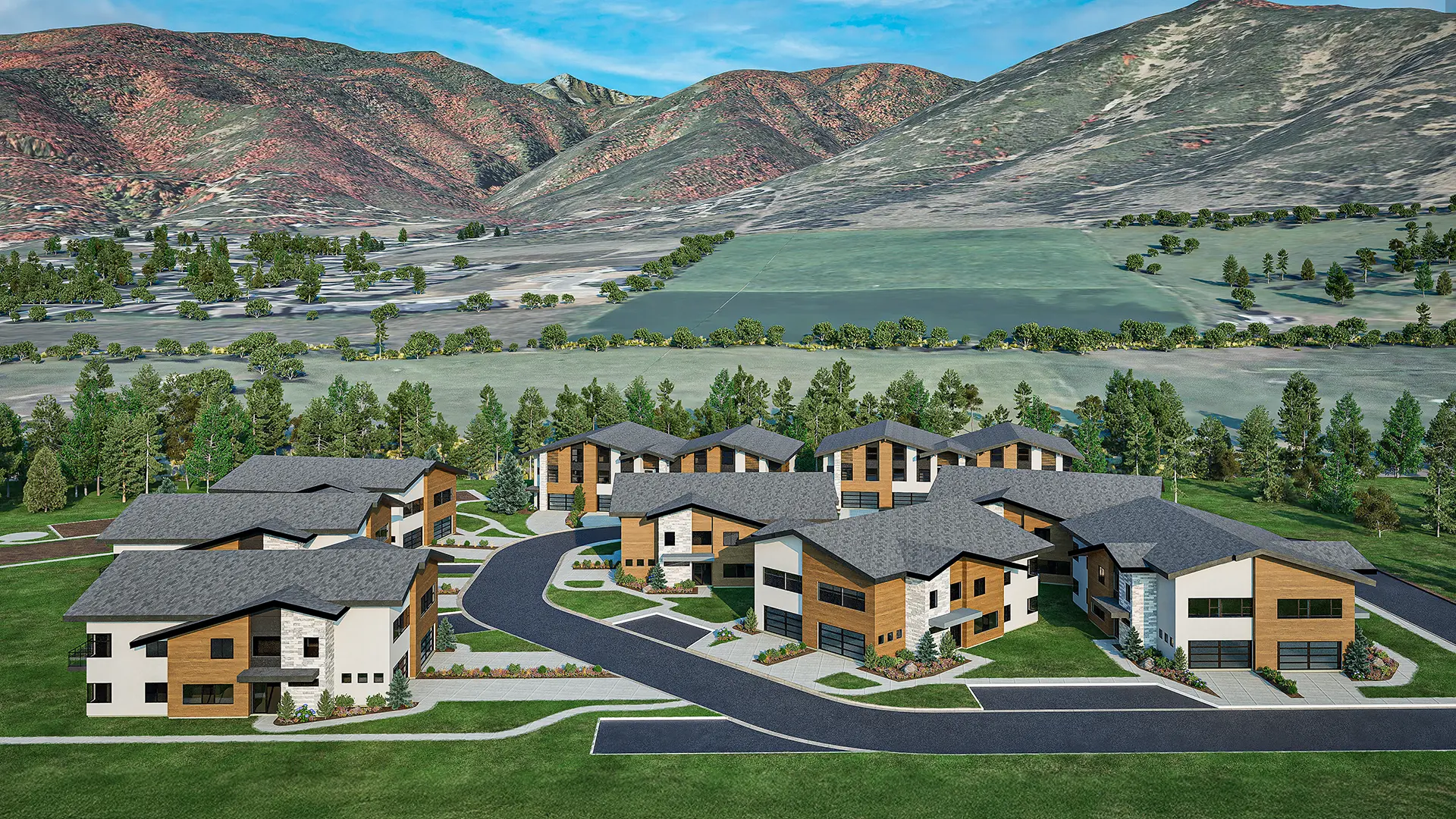 Aerial rendering of Alcove at Midway luxury townhomes nestled in a mountain valley with scenic views of open land and mountains.