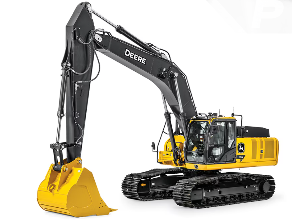 John Deere 350 P-Tier excavator on a white background
