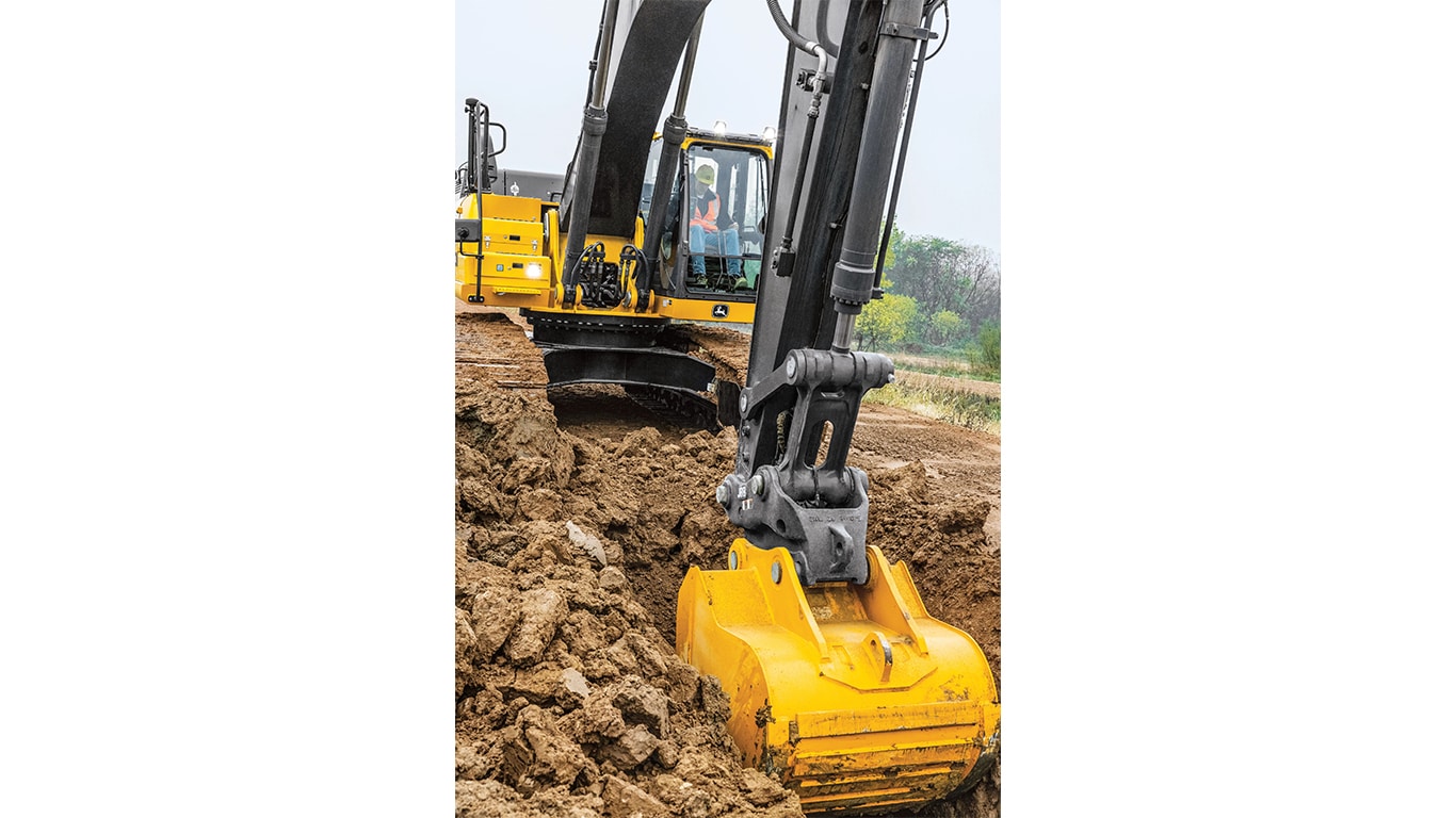 John Deere 350 P-Tier excavator working on a construction site