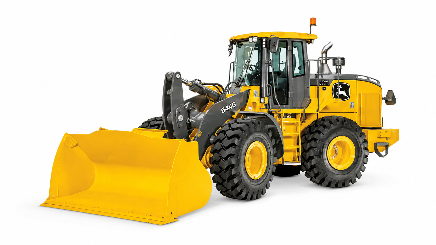 John Deere 644 G-Tier wheel loader on a white background