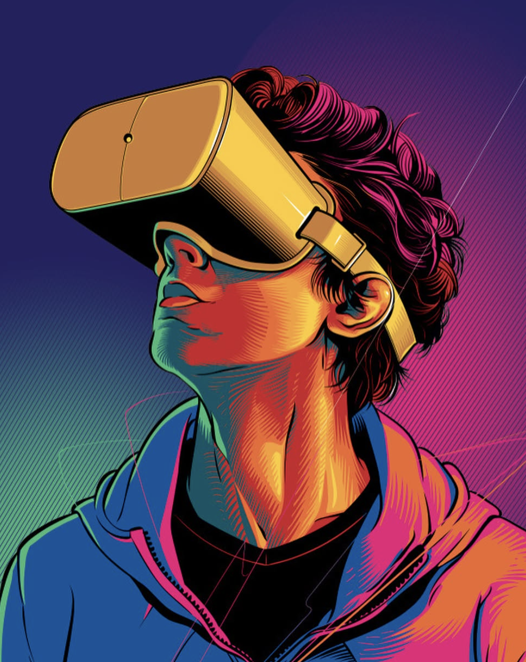 Colorful digital illustration of a person wearing a virtual reality headset looking upward. Illustria - cristiano siqueira