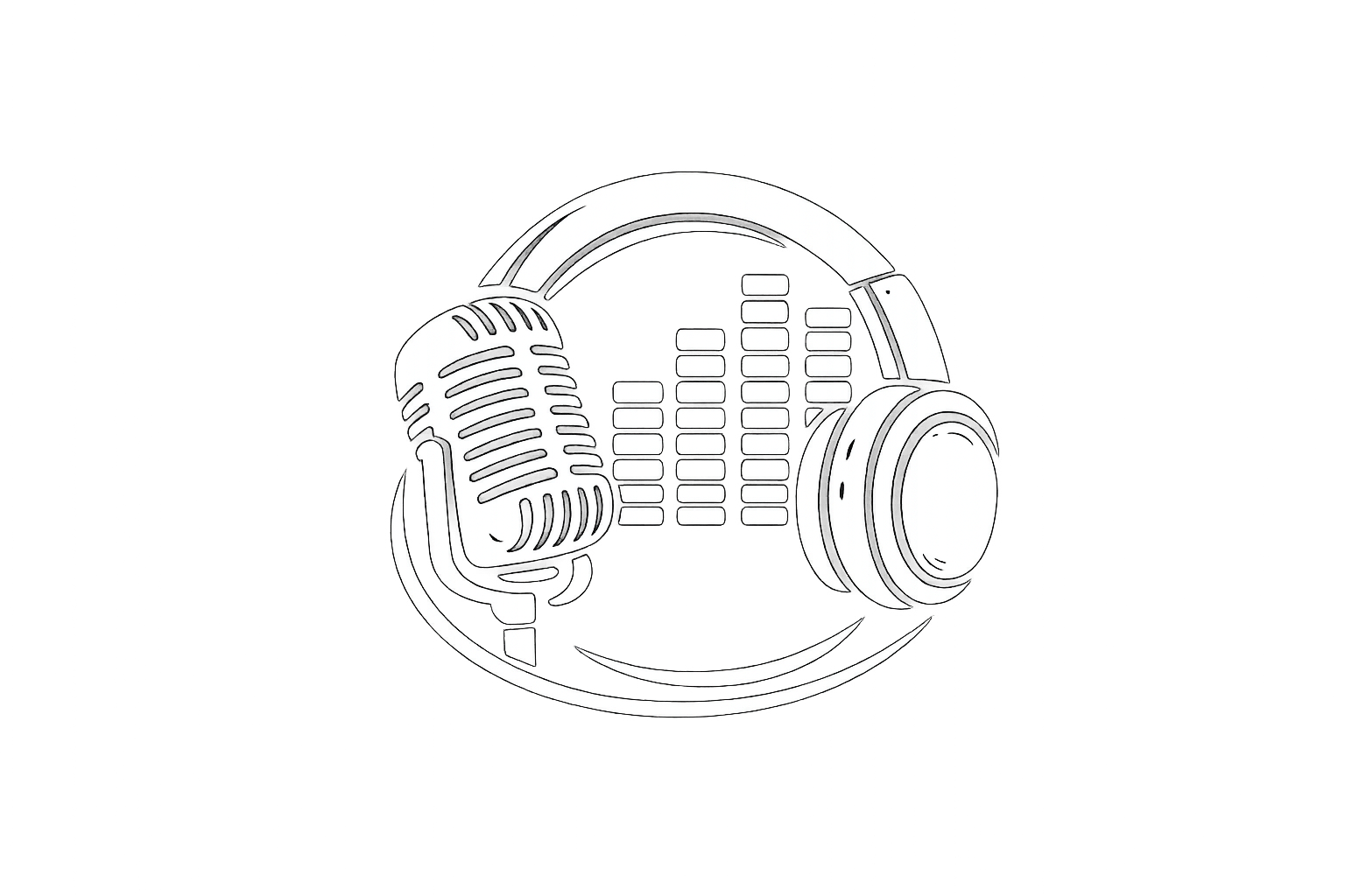 White outline of headphones, vintage microphone, and audio equalizer bars on a black gradient background.
