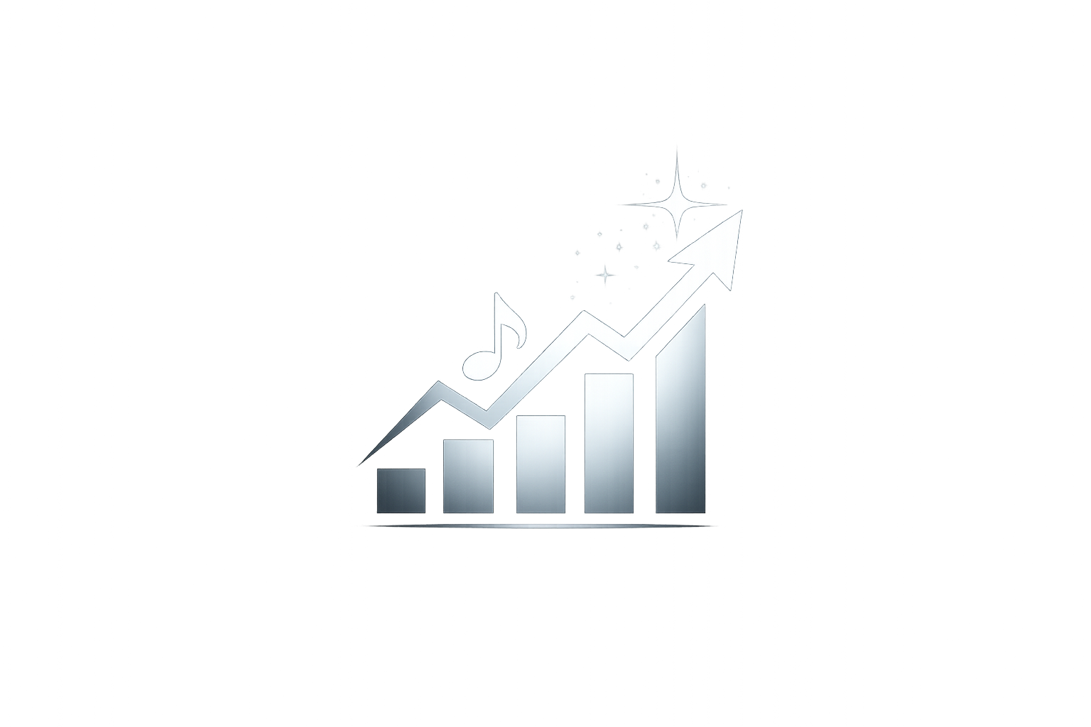 Increasing bar chart with an upward arrow, a music note, and sparkles above the highest bar.
