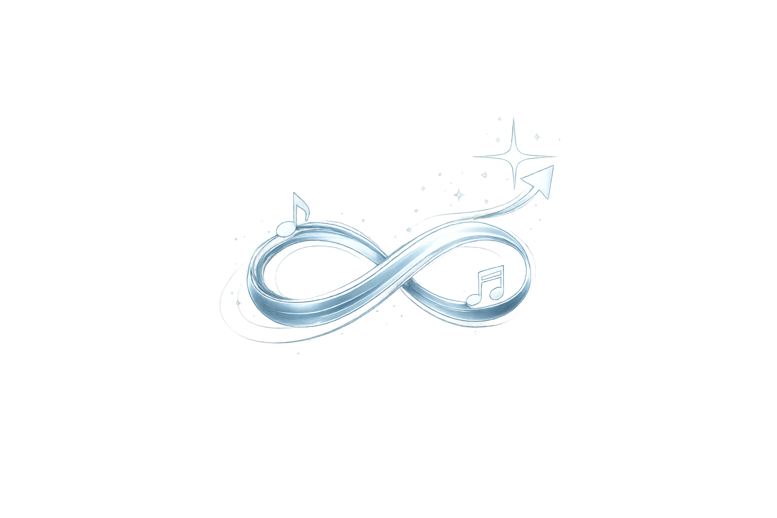 Metallic infinity symbol with musical notes on both loops and an arrow pointing upward with sparkles.