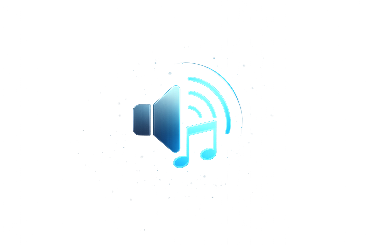 Glowing blue speaker icon with musical note and sound waves on a blurred gray background.