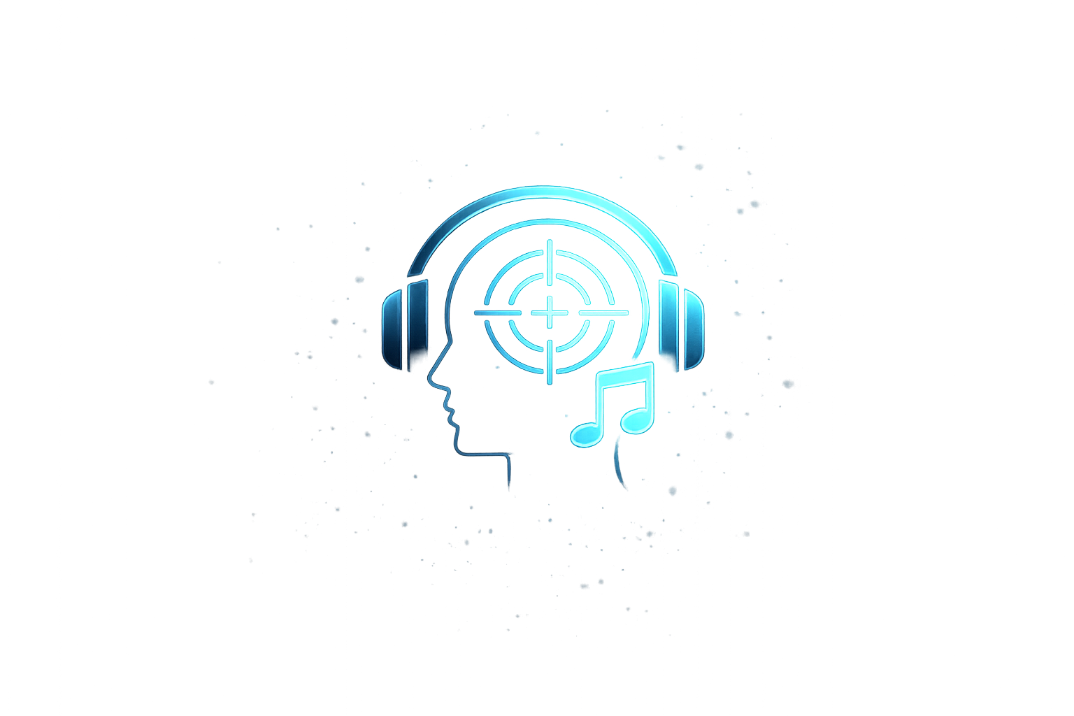 Glowing blue neon icon of a head wearing headphones with a target symbol and a music note inside.
