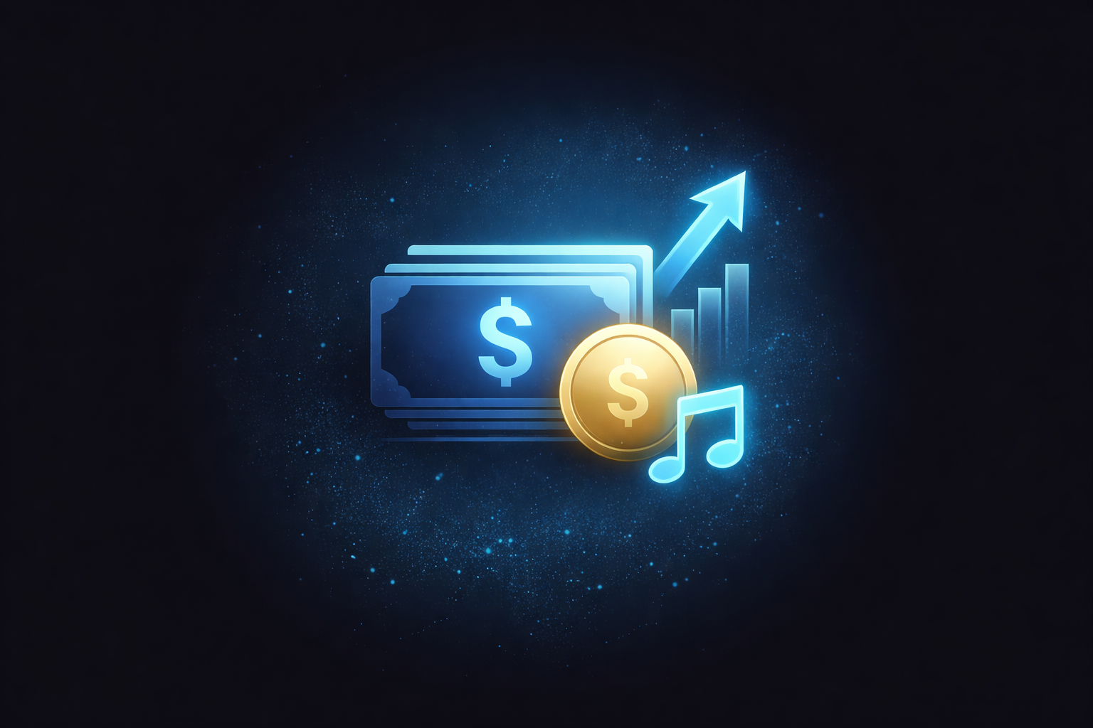Glowing digital illustration of money bills, a gold coin with a dollar sign, a rising bar chart, and a music note on a dark blue background.