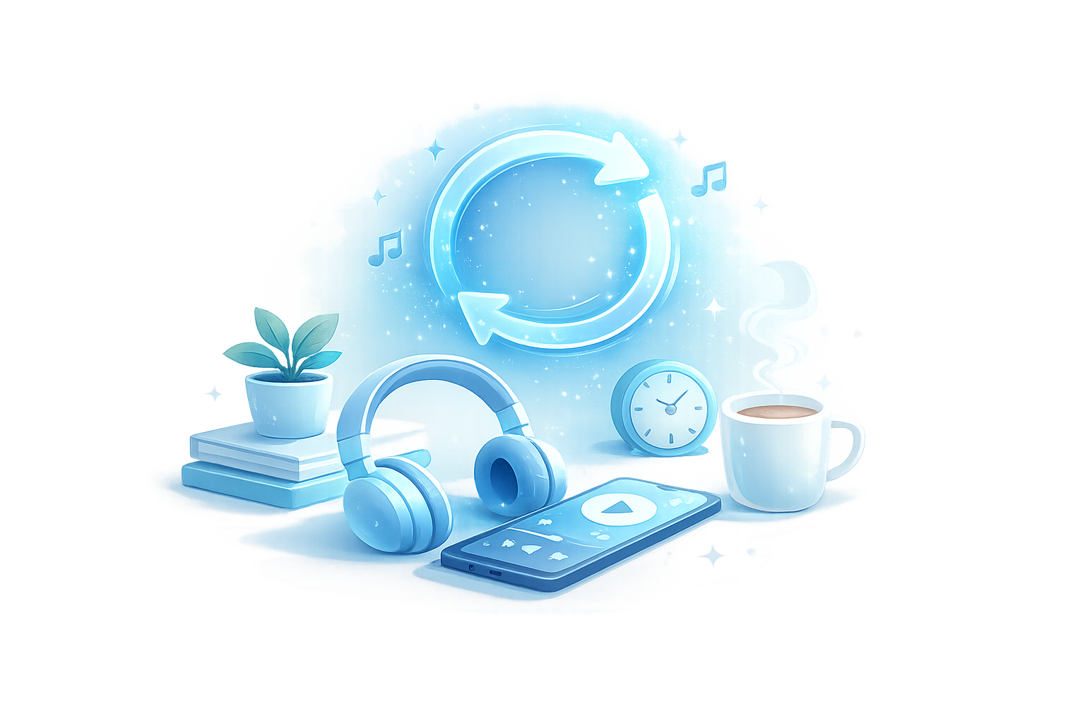 Glowing blue headphones, smartphone with music app, clock, steaming coffee cup, potted plant, and books under a circular refresh icon with music notes.