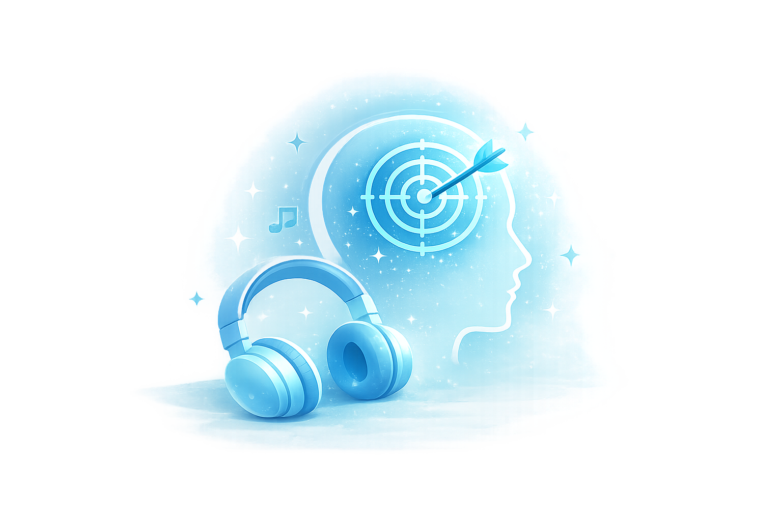 Blue headphones beside a glowing outline of a human head with a target and arrow symbol on the brain, surrounded by musical notes and stars.