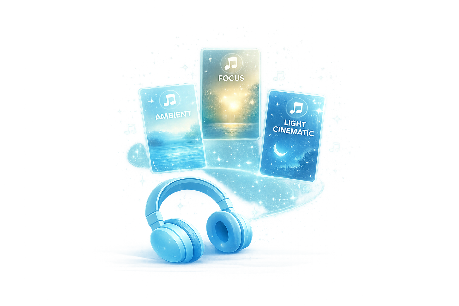 Blue wireless headphones with glowing cards labeled Ambient, Focus, and Light Cinematic floating above, surrounded by musical notes and sparkles.