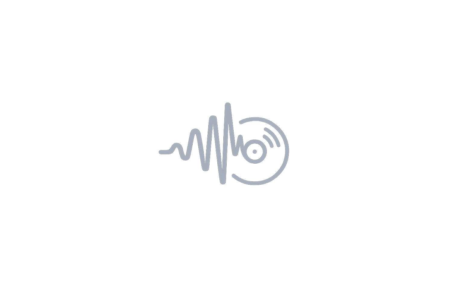 Stylized icon combining a sound wave and a vinyl record in soft blue glow on a dark blurred background.