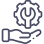 Icon of a person with a headset in front of a cogwheel, symbolizing technical support.