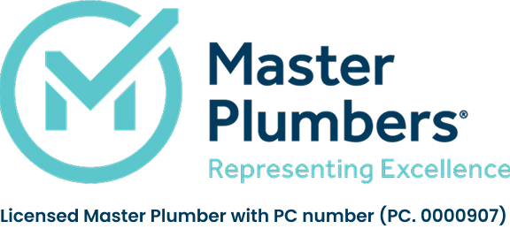 Master Plumbers logo with text 'Master Plumbers Representing Excellence' and note about licensed master plumber with PC number 0000907.