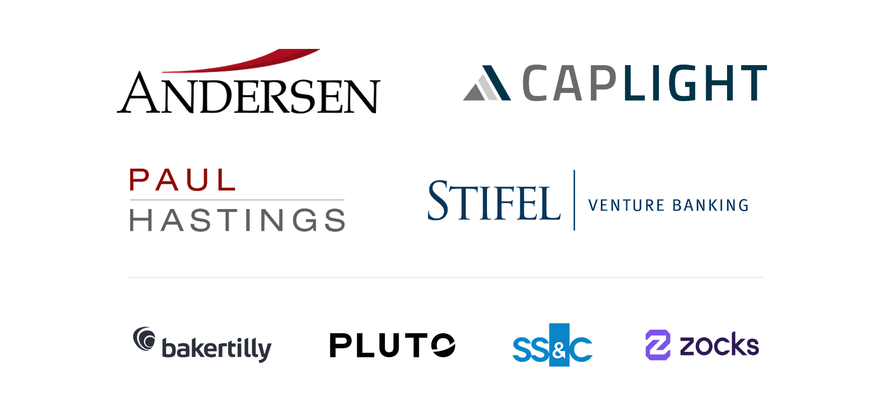 Sponsor logos: Paul Hastings, Stifel Venture Banking, Pluto, SS&C, and Zocks.