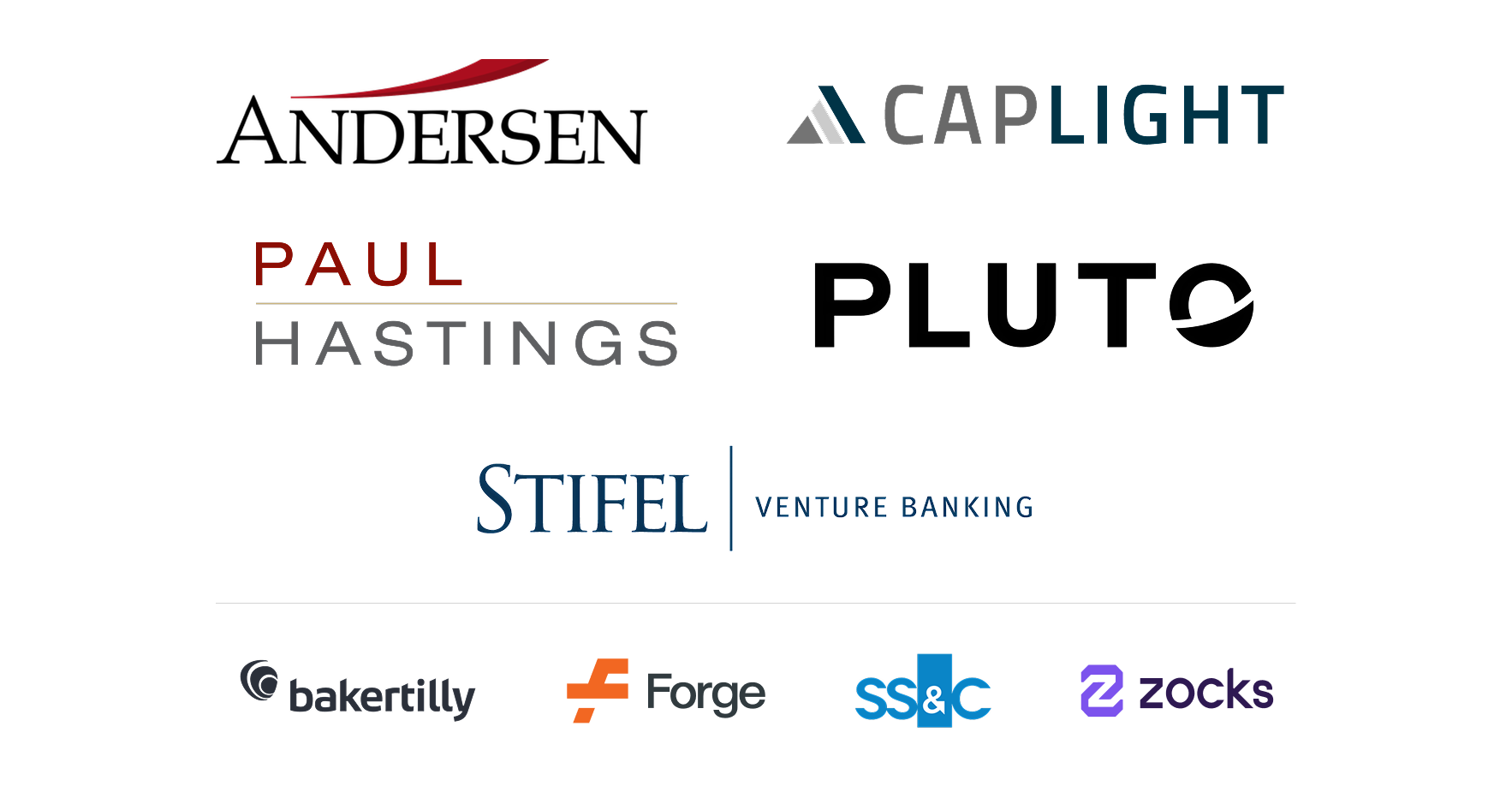 Sponsor logos: Paul Hastings, Stifel Venture Banking, Pluto, SS&C, and Zocks.