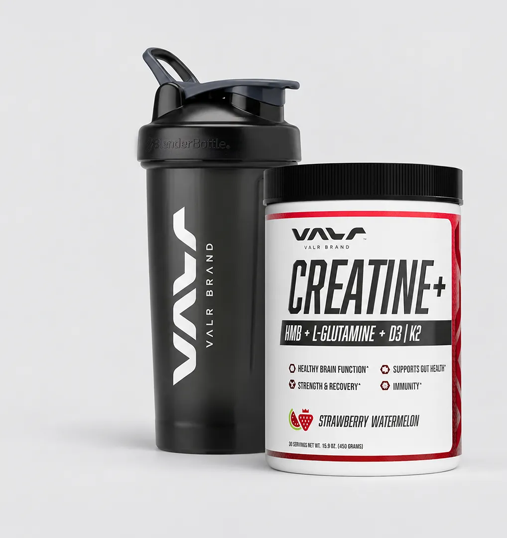 VALR Creatine+ Strawberry Watermelon jar beside a VALR BlenderBottle shaker.