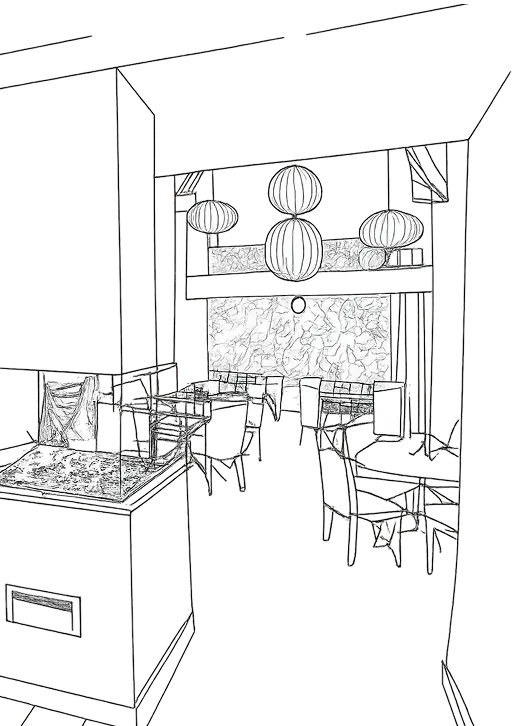 Dessin de la salle principale et de la cheminée du restaurant La Table du marais à Amiens