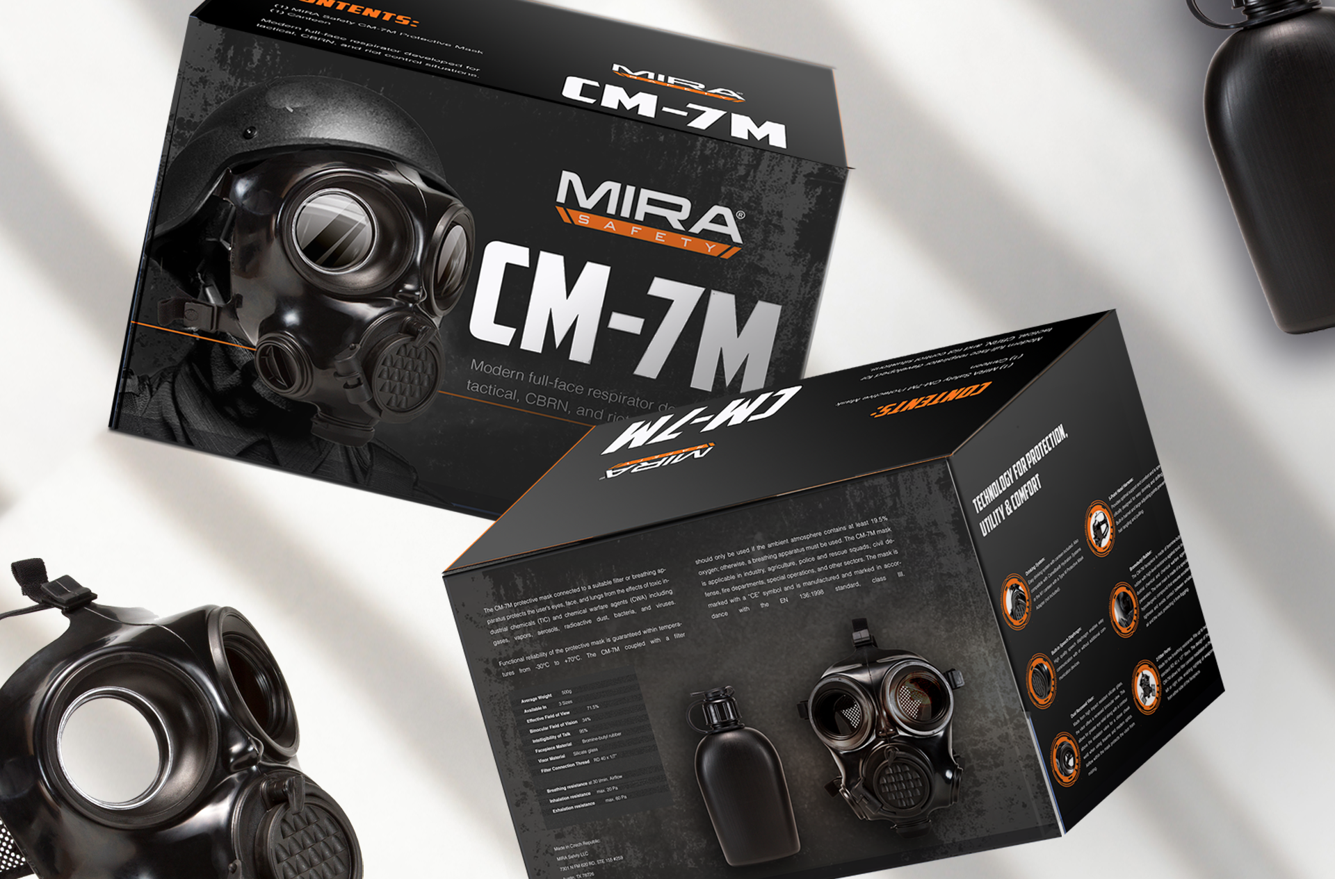 Packaging of MIRA Safety CM-7M full-face respirator gas mask with images and technical details on a black textured background.