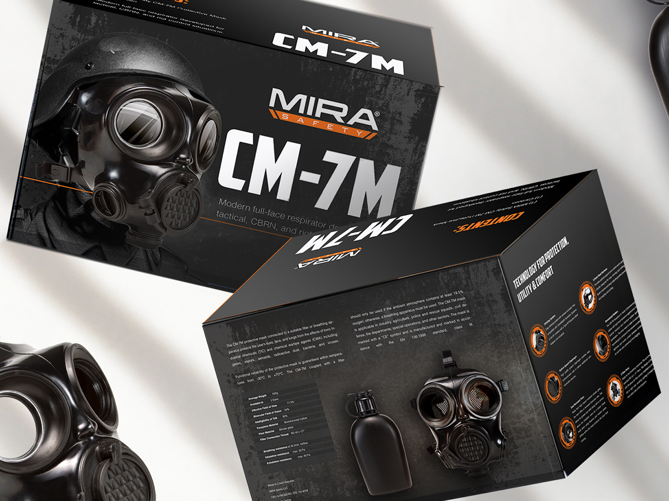 Packaging boxes of Mira Safety CM-7M full-face gas mask respirators featuring detailed product images and specifications.