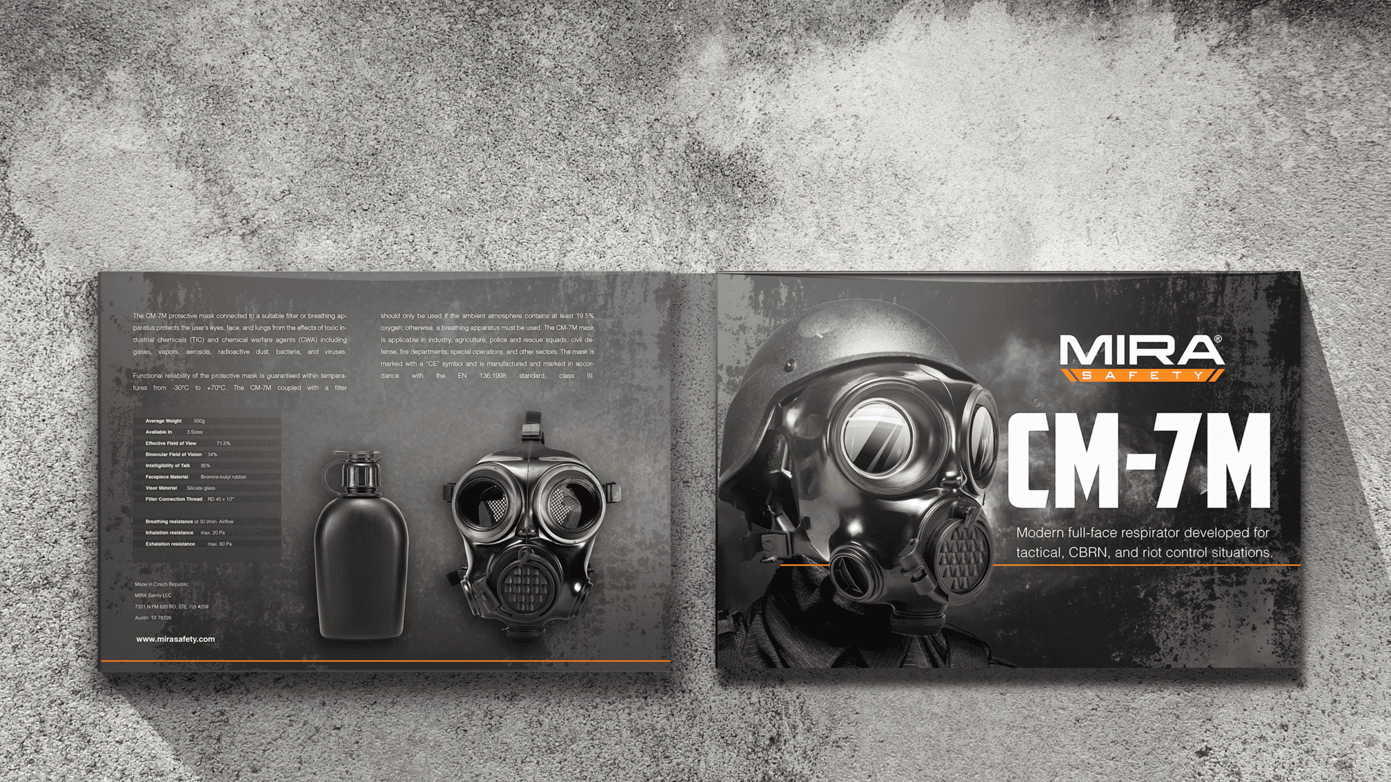 Open brochure on concrete background showing a person wearing a CM-7M full-face respirator and images of the mask and its filter bottle, with technical specifications and Mira Safety branding.