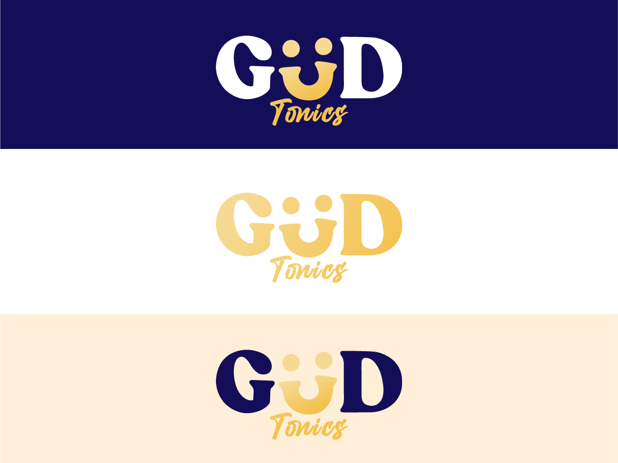 Three variations of the GÜD Tonics logo with a smiley face incorporated into the letter U, displayed on dark blue, white, and light beige backgrounds.