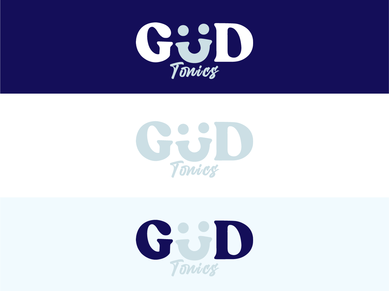 Three variations of GÜD Tonics logo featuring stylized letters with a smiley face formed by the ü, shown on dark blue, white, and light blue backgrounds.