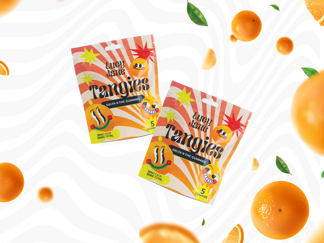 Two packets of Lucy Jane Tangies Delta-9 THC gummies, each containing five orange-flavored gummies with 30mg THC per gummy, surrounded by floating oranges and leaves.