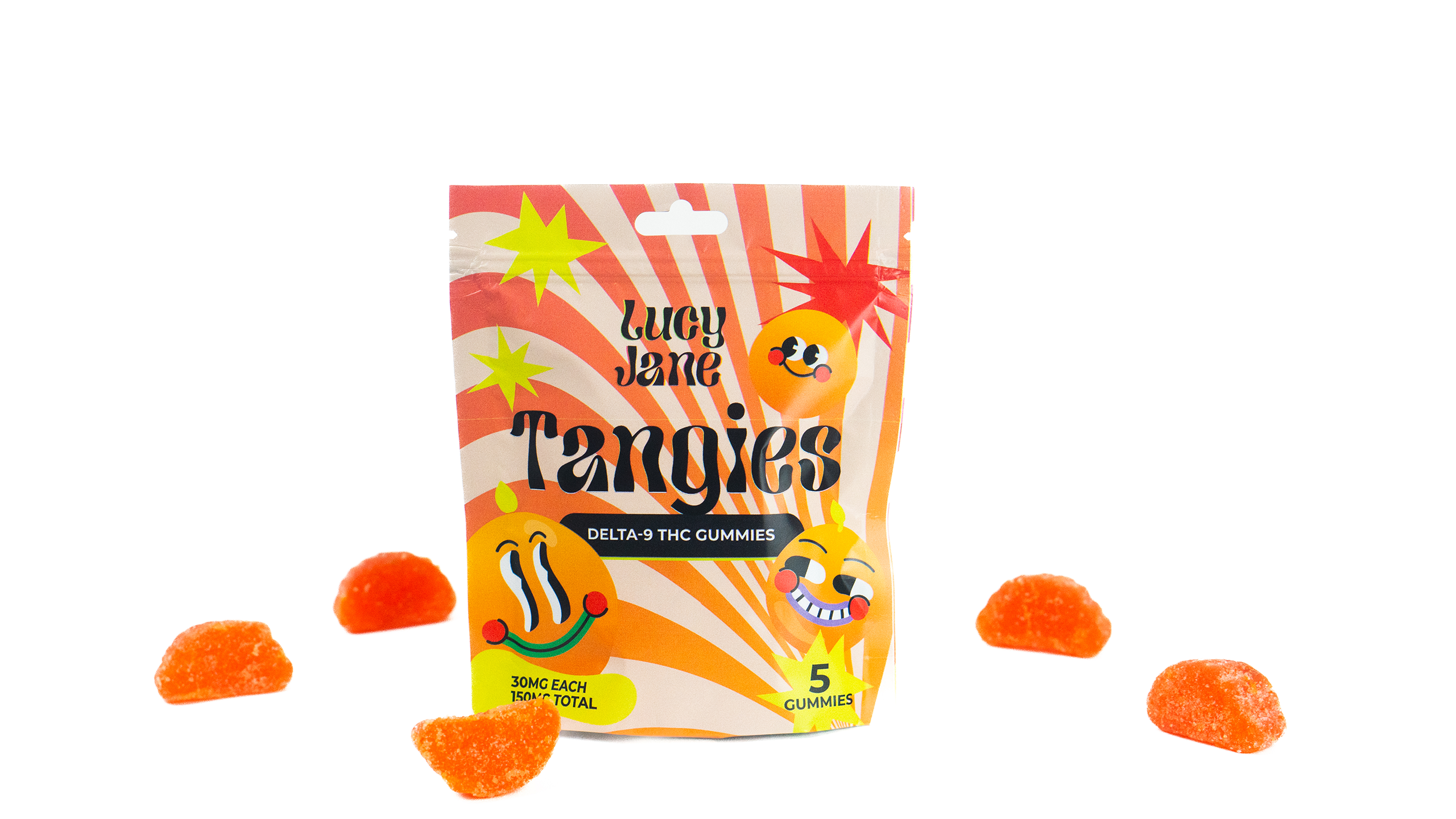 Package of Lucy Jane Tangies Delta-9 THC gummies with five orange sugar-coated gummies around it.