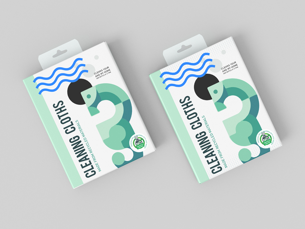 Two boxes of cleaning cloths with abstract green and blue designs, labeled as made from recycled materials.