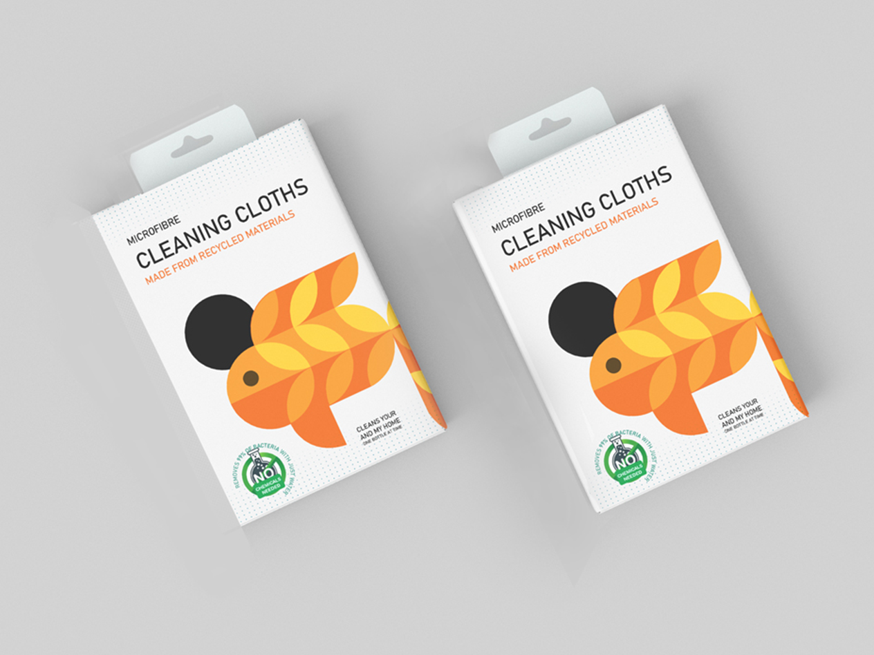 Two packages of microfibre cleaning cloths made from recycled materials with an orange fish graphic on white background.