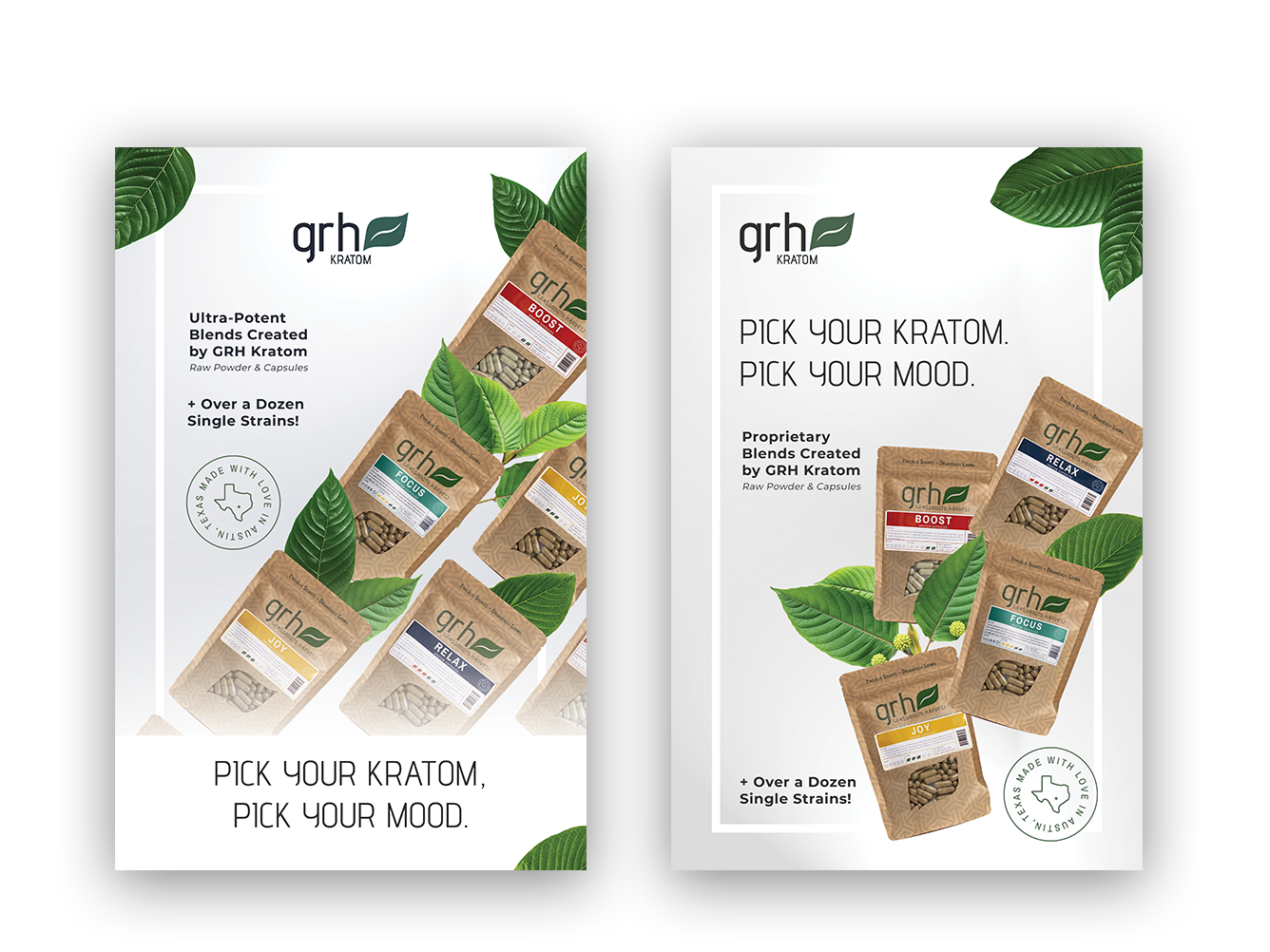 Two promotional images for GRH Kratom showing various labeled brown packets with capsules and green leaves, emphasizing mood-based kratom blends and Texas-made quality.