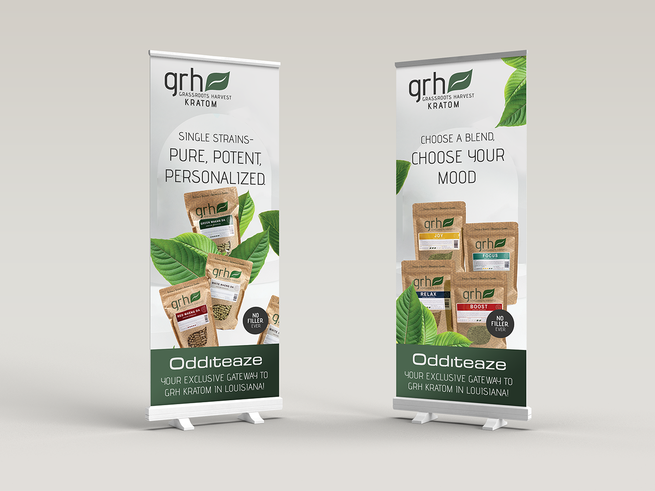 Two roll-up banners for GRH Kratom by Odditeaze featuring Natural Kratom powder packages and slogans about pure single strains and choosing blends based on mood.