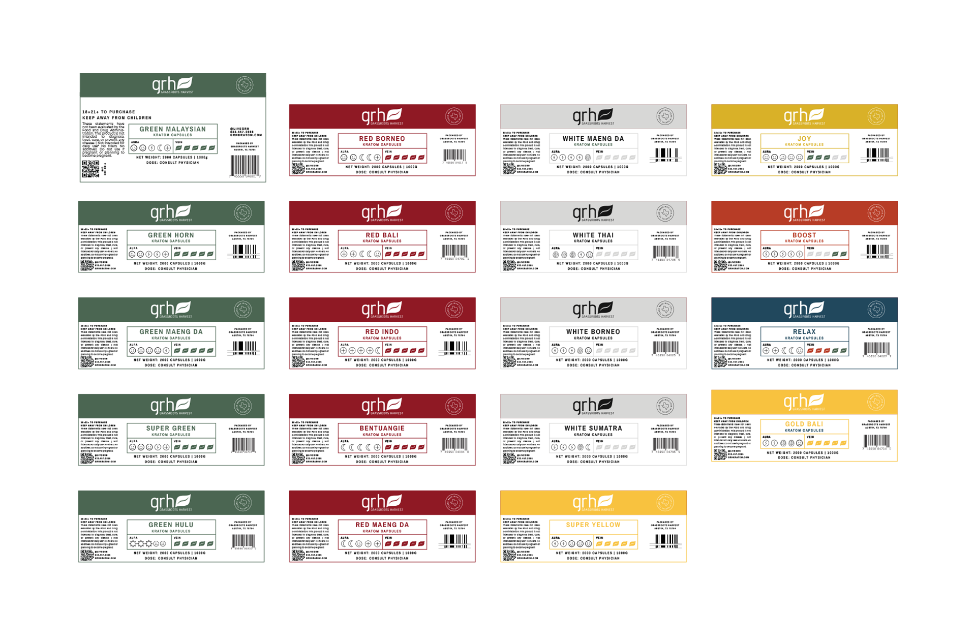 Collection of fifteen Grassroots Harvest kratom capsule labels in various colors, each showing product name, kratom type, weight, dose warning, and a barcode.
