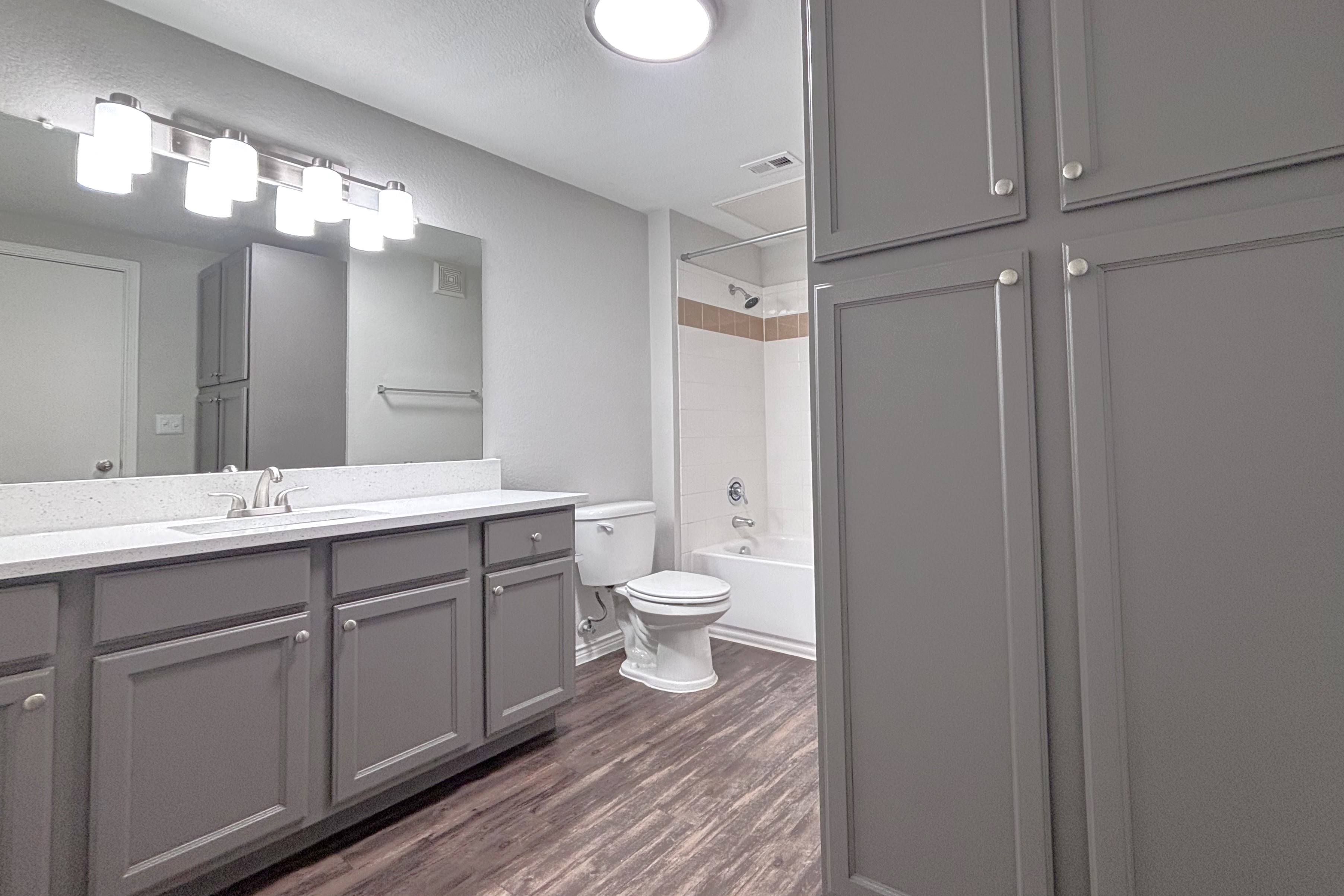 Bathroom with vanity and entrance to closet