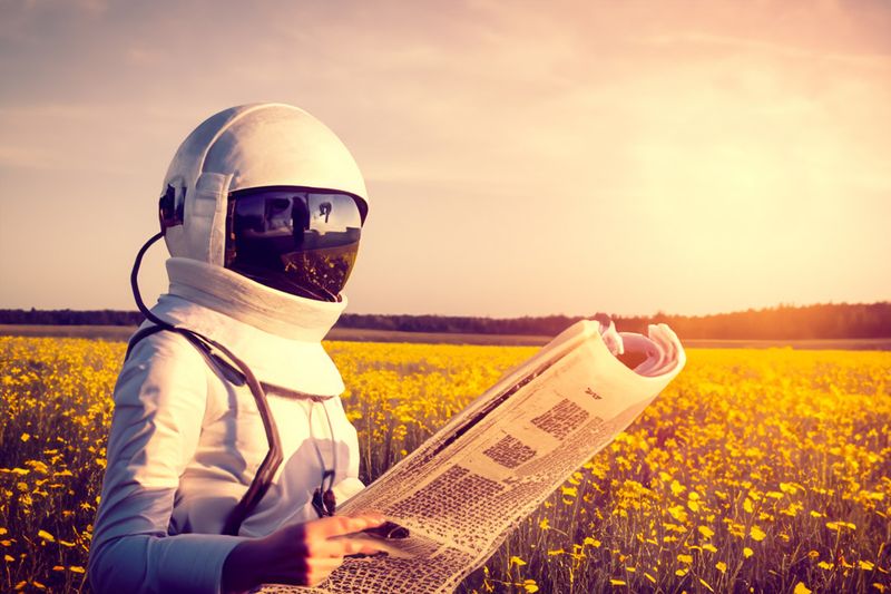 KI-generated Scene - Astronaut in a golden Field reading Newspaper
