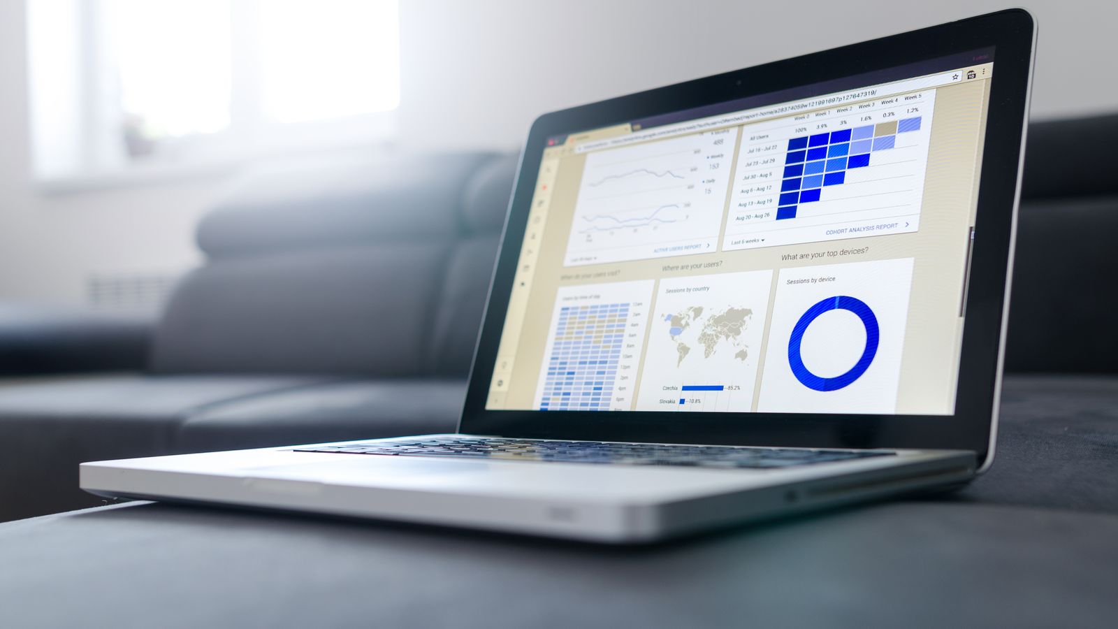 Laptop mit Diagrammen und Auswertungen