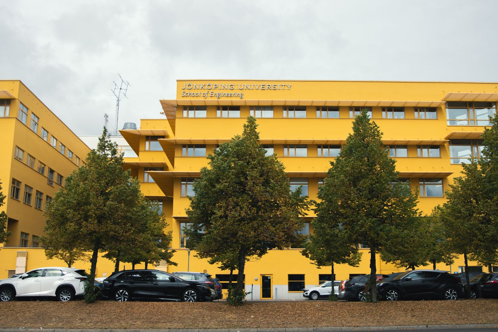 Gelbe Fassade eines Hochschulgebäudes mit Fahrrädern davor